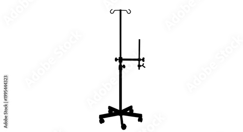 A black IV pole with wheels and adjustable height on a white background