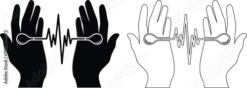 Medical illustration showing hands holding stethoscope with heartbeat lines