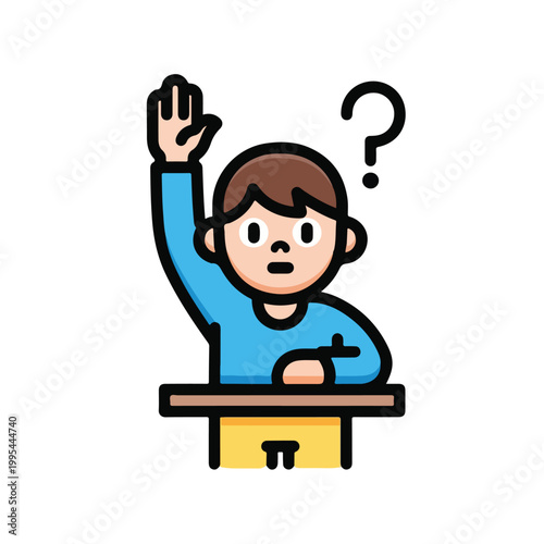 Boy raises hand in classroom with questioning expression