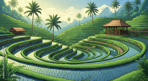 Digital illustration of terraced rice fields with palm trees and traditional huts