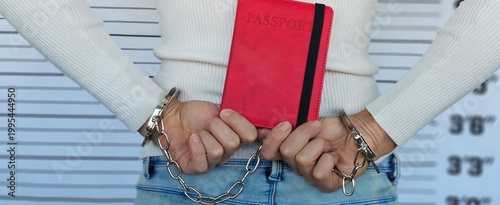 Fotografía A handcuffed man holds a red passport behind his back against a police height chart
