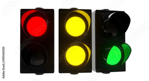 Lampu lalu lintas menyala merah kuning hijau berjejer pada latar belakang transparan untuk konsep keselamatan berkendara dan peraturan jalan raya.