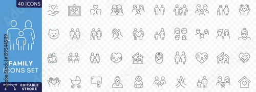 Family line icon set. Contain icons related to grandparents, children, parenthood, adoption, and more. Fully Editable . Vector illustration.