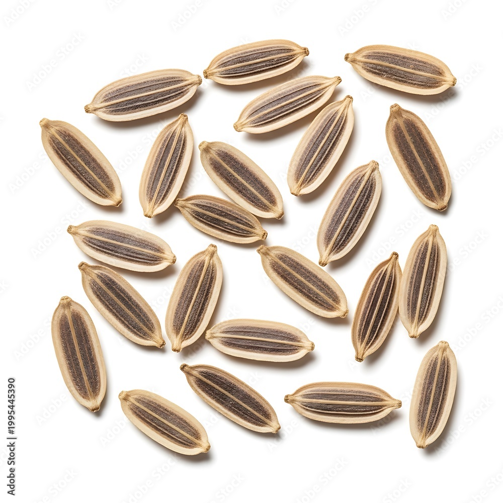 Obraz premium Close-up top-down view of dried dill seeds scattered on a clean white background