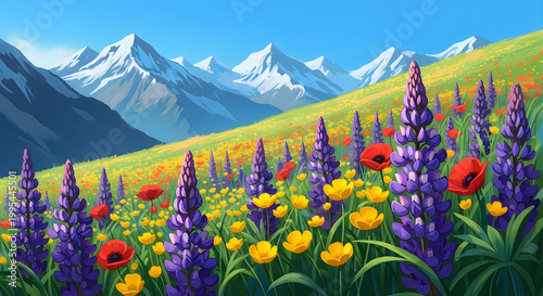 Digital illustration of Alpine wildflower meadow with snow-capped mountains