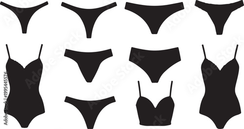 Black swimwear and bikini bottoms collection isolated on transparent background, Vector