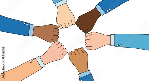 Diverse business people showing unity and teamwork with fists together.