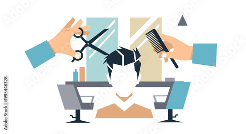 Barber Shop Haircut Illustration - Scissors and Comb Styling Hair