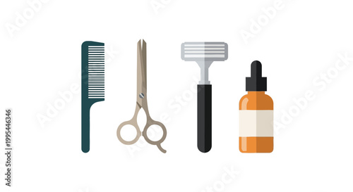 Barber Tools Flat Design: Comb, Scissors, Razor, and Beard Oil