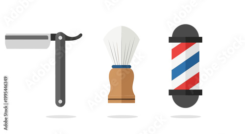 Barber Shop Tools: Straight Razor, Shaving Brush, and Barber Pole Icon Set