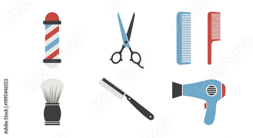 Barber Shop Tools Icons Set: Barber Pole, Scissors, Combs, Razor, Brush, Hair Dryer
