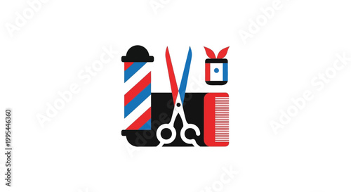 Barber Tools Flat Icon Set: Pole, Scissors, Comb, Shaving Mug