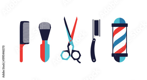 Barber Tools Set: Comb, Brush, Scissors, Straight Razor, Barber Pole Icon