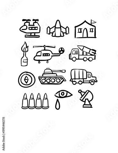A hand-drawn set of military vehicle and tactical icons. These spontaneous sketches include diverse defense elements like tanks, helicopters, and missiles, ideal for strategic games