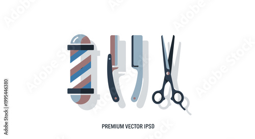 Barber Tools Set: Pole, Straight Razor, Comb, Scissors - Flat Design