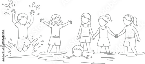 A joyful group of diverse children playing happily in shallow water, splashing and swimming, enjoying summer fun together outdoors.