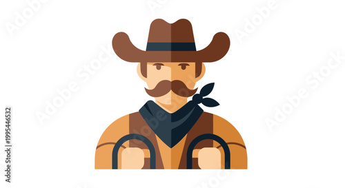 Cartoon Cowboy Icon Illustration - Wild West Character with Hat and Moustache