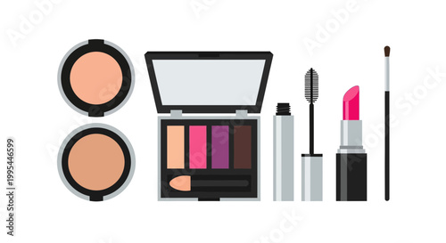 Collection of cosmetic makeup products: eyeshadow palette, lipstick, mascara, powder, brush