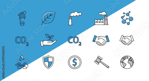 Carbon footprint and ESG line icon set with CO2, industry and sustainability symbols