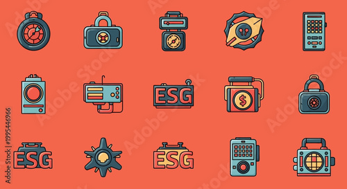 ESG business icon set with finance, technology and governance symbols on orange background