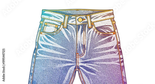 Fashionable Blue Denim Jeans with Rainbow Gradient Effect, Close-up Front View