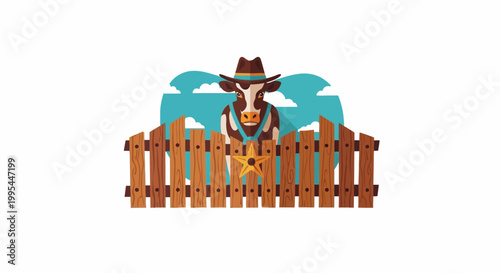 Cowboy Cow Behind Wooden Fence, Western Farm Animal Illustration