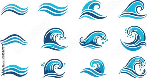 Blue ocean wave icons set, 12 stylized sea water splash symbols, nautical curling wave vector illustrations for logo design and summer branding