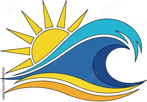 Stylized ocean wave and sun vector illustration, tropical beach sunrise logo icon, blue sea waves with yellow sunshine graphic for summer travel branding
