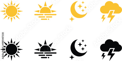 Weather flat icon set, simple glyph silhouette icons representing day phases sunset and night for modern UI and app design elements.