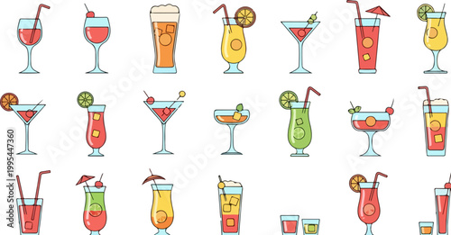 Colorful cocktail icons set, flat line vector illustrations of alcoholic drinks and summer beverages, bar menu graphics with 22 drink elements