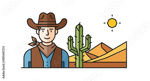 Cowboy in Desert Landscape with Cactus and Sun - Flat Design Illustration