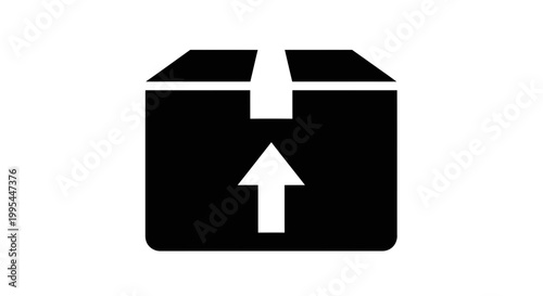 A minimalist vector graphic of a black box with a white arrow pointing upwards, symbolizing delivery or shipping.