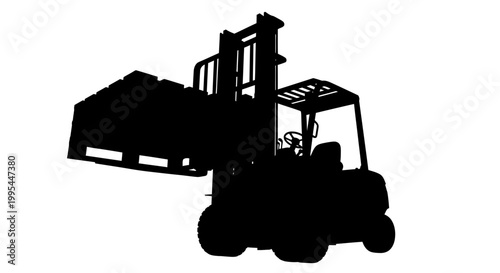 A black silhouette of a forklift carrying a pallet against a white background