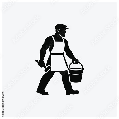 Silhouette of a man with a bucket and a tool, symbolizing a worker or tradesperson.