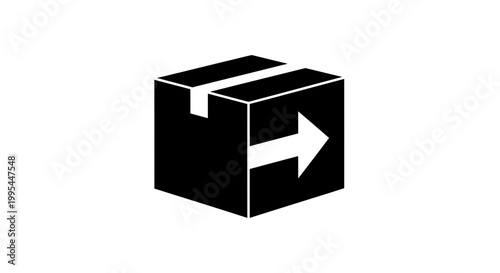 A black and white vector graphic of a shipping box with an arrow pointing to the right