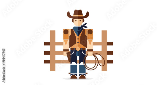 Cowboy with Lasso and Wooden Fence, Flat Design