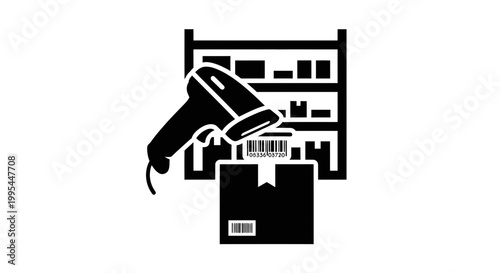 A black and white vector graphic of a barcode scanner scanning a box in a warehouse setting