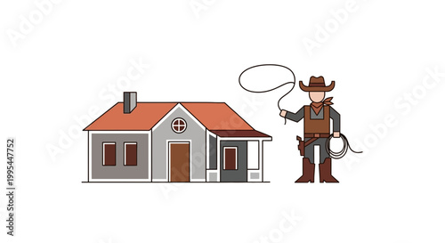 Cowboy with Lasso in Front of House, Western Lifestyle Concept