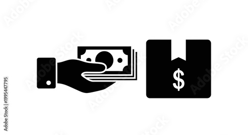 A minimalist vector graphic illustrating a hand transferring money from a wallet