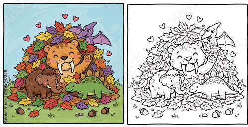 Cute Prehistoric Animals Autumn Coloring Page