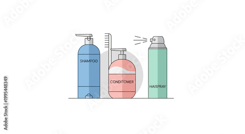 Hair Care Products: Shampoo, Conditioner, Hairspray, and Comb - Flat Design