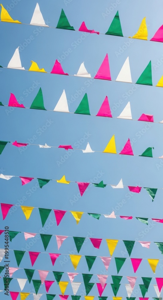 Obraz premium Colorful bunting flags against bright blue sky with multi colored