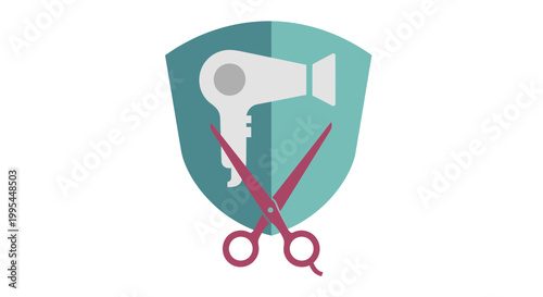 Hairdresser Salon Shield Icon: Scissors and Hairdryer Symbol