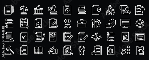 Compliance web icons in line style. Regulations, policy, legal document, quality control, responsibility, law. Editable stroke. Vector illustration.