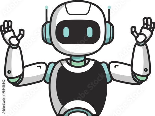 Cartoon robot wearing headphones and gesturing with raised hands