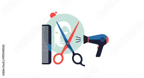 Hairdresser Tools and Face Icon: Scissors, Comb, Hairdryer for Beauty Salon