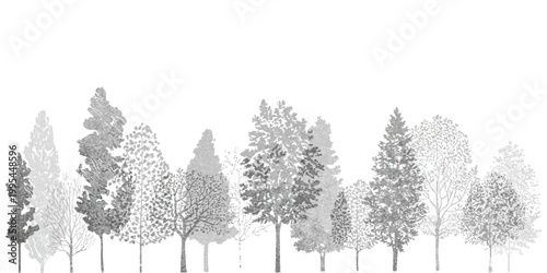 Architectural CAD Tree Line Drawing Set, Minimal Style Side View Section Wetland Forest Outline for Landscape Design, Separate Elements Vector Illustration Collection