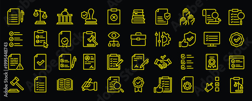 Compliance web icons in line style. Regulations, policy, legal document, quality control, responsibility, law. Editable stroke. Vector illustration.