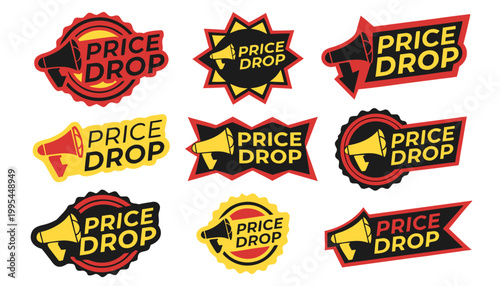 Price Drop Badge Set with Megaphone Icons for Flash Sale and Retail Promotions.eps
