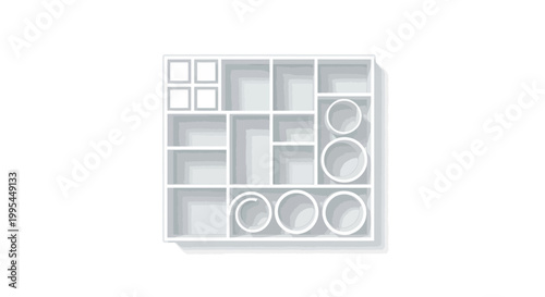 Modern White Modular Shelving Unit with Various Compartments and Shapes